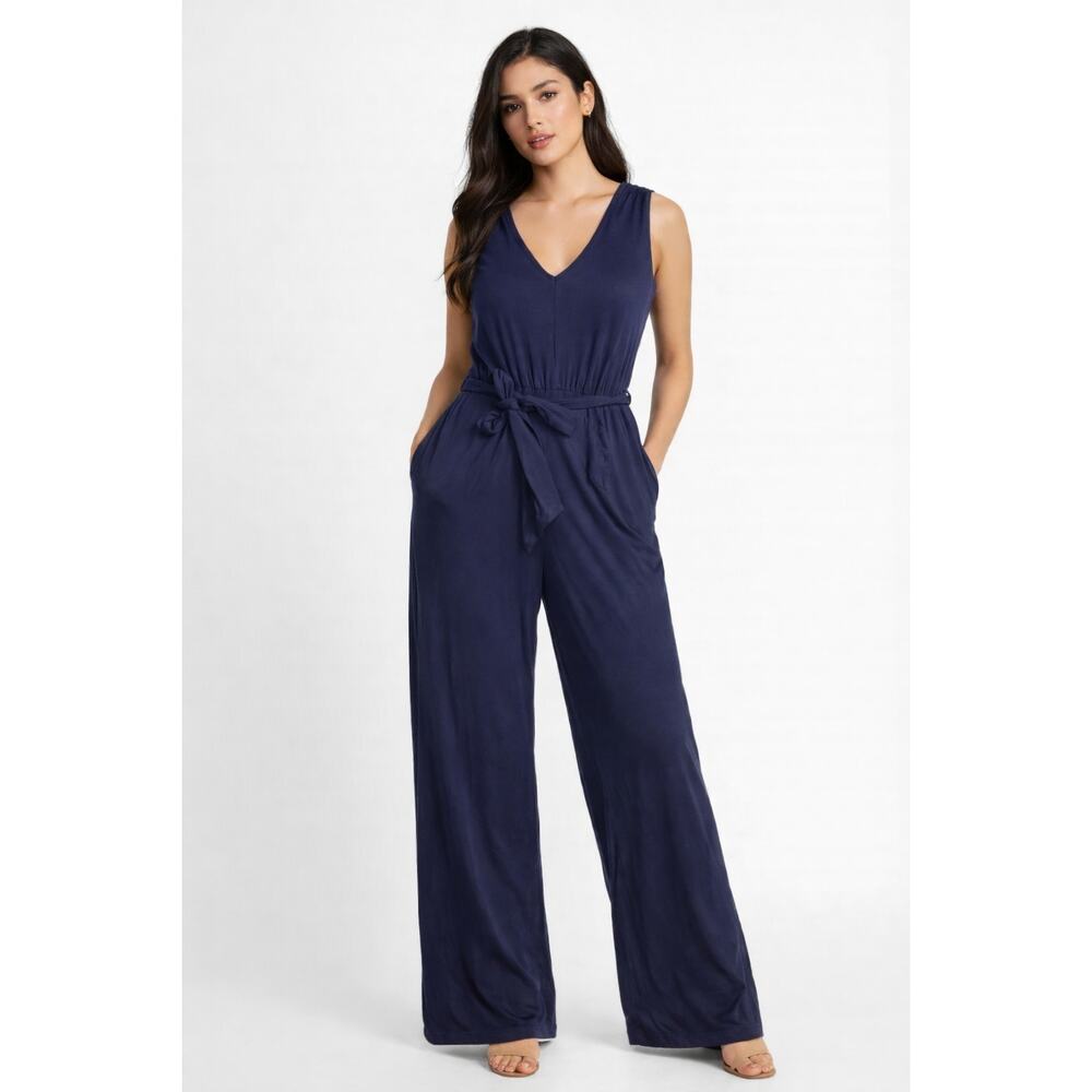 Trina Turk Navy V-Neck Wide Leg Jumpsuit Size S Tie Waist Sleeveless NWT